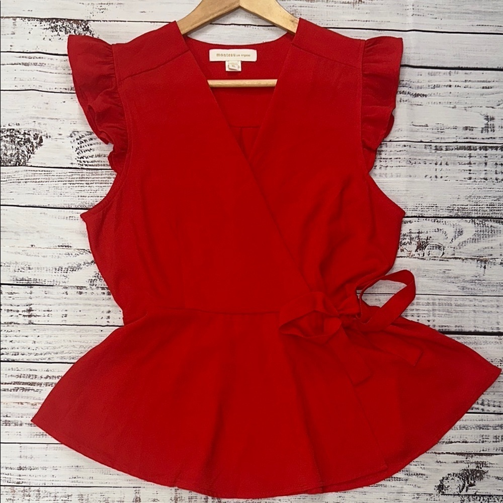 Monteau Red Wrap‎ Peplum Blouse with Ruffled Sleeves Sz. XL